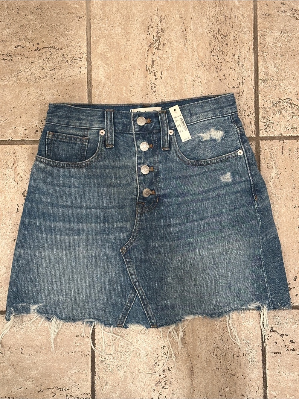 Madewell Button-Front Distressed Denim Mini Skirt - Blue